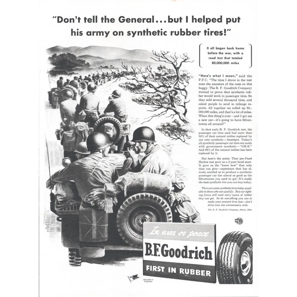 1944 B.F. Goodrich Tires Vintage Print Ad WW2 Jeep Willys Convoy Army Wall Art